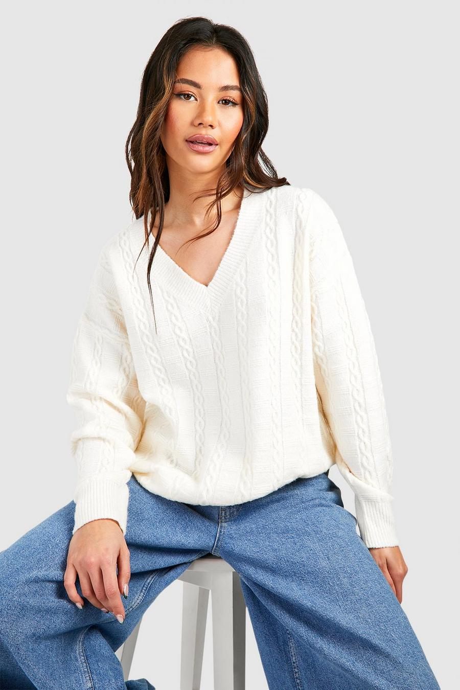 Ecru Cable Soft Knit Oversized V Neck Sweater