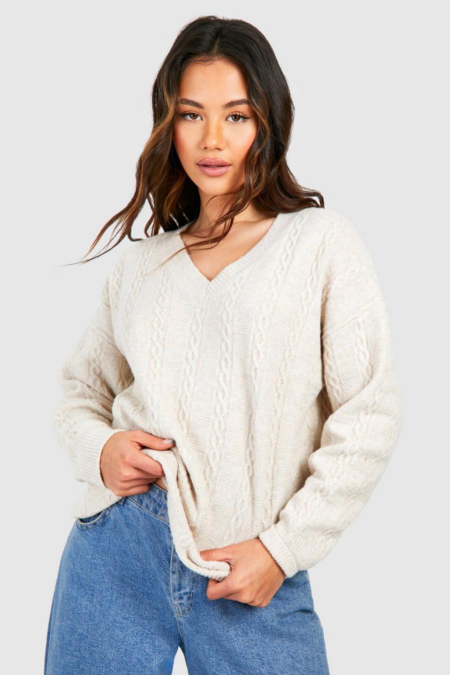 Stone Cable Soft Knit Oversized V Neck Sweater