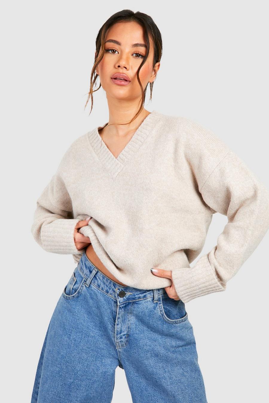 Stone Oversized Soft Knit Turn Up Cuff Sweater image number 1