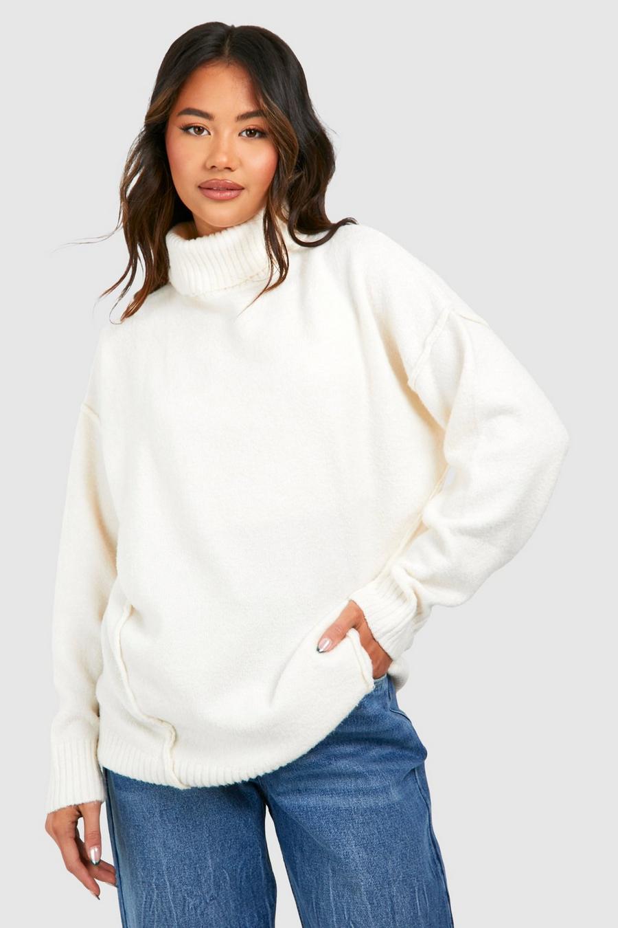 Ecru Soft Knit Turtleneck Oversized Longline Sweater