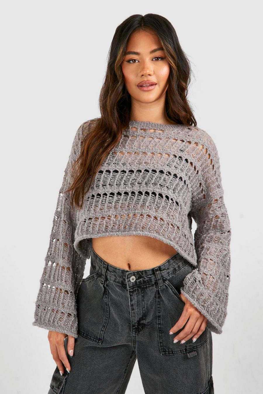Grey Ladder Crochet Crop Sweater image number 1