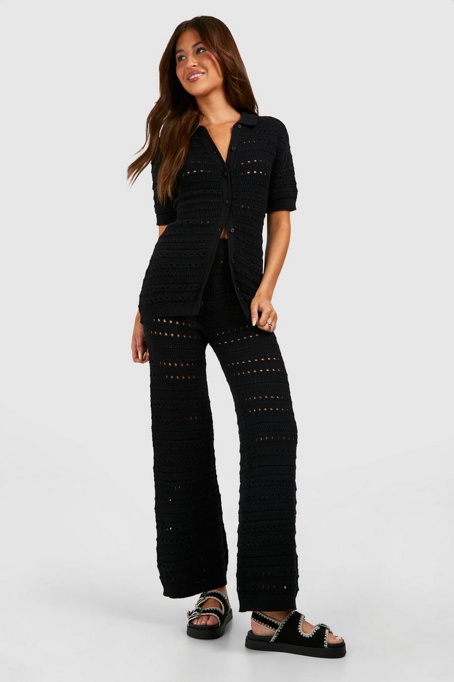 Black Crochet Knitted Shirt And Wide Leg Trouser Co-ord