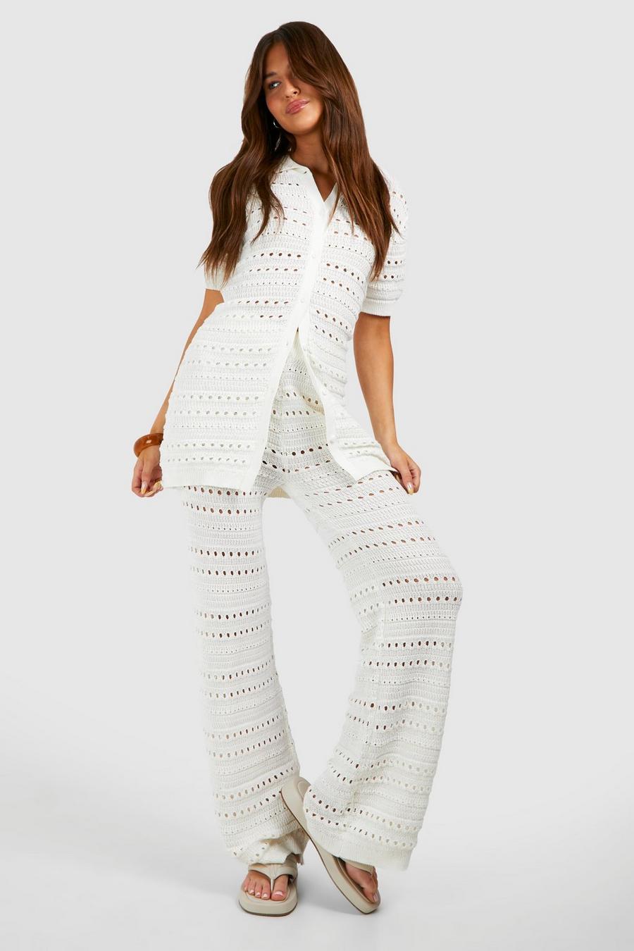 Ivory Crochet Knitted Shirt And Wide Leg Trouser Co-ord