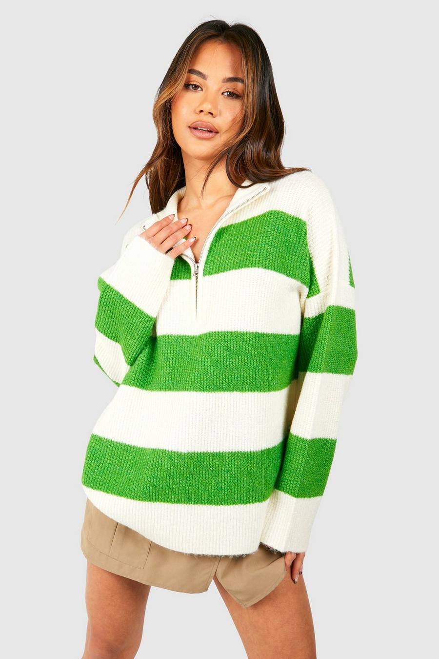 Maglione in maglia morbida a righe con zip corta, Green