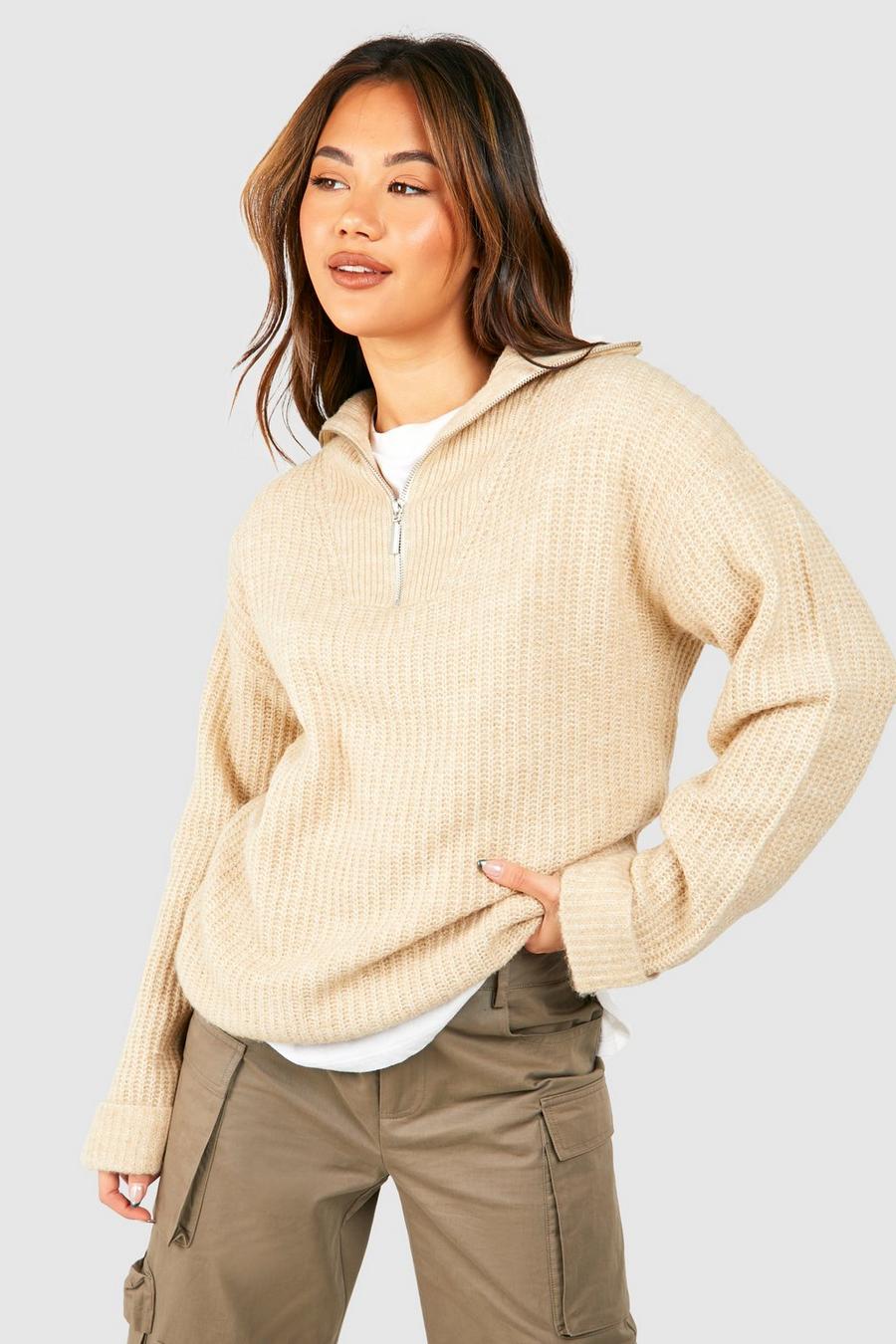 Stone Chunky Soft Knit Half Zip Jumper  image number 1
