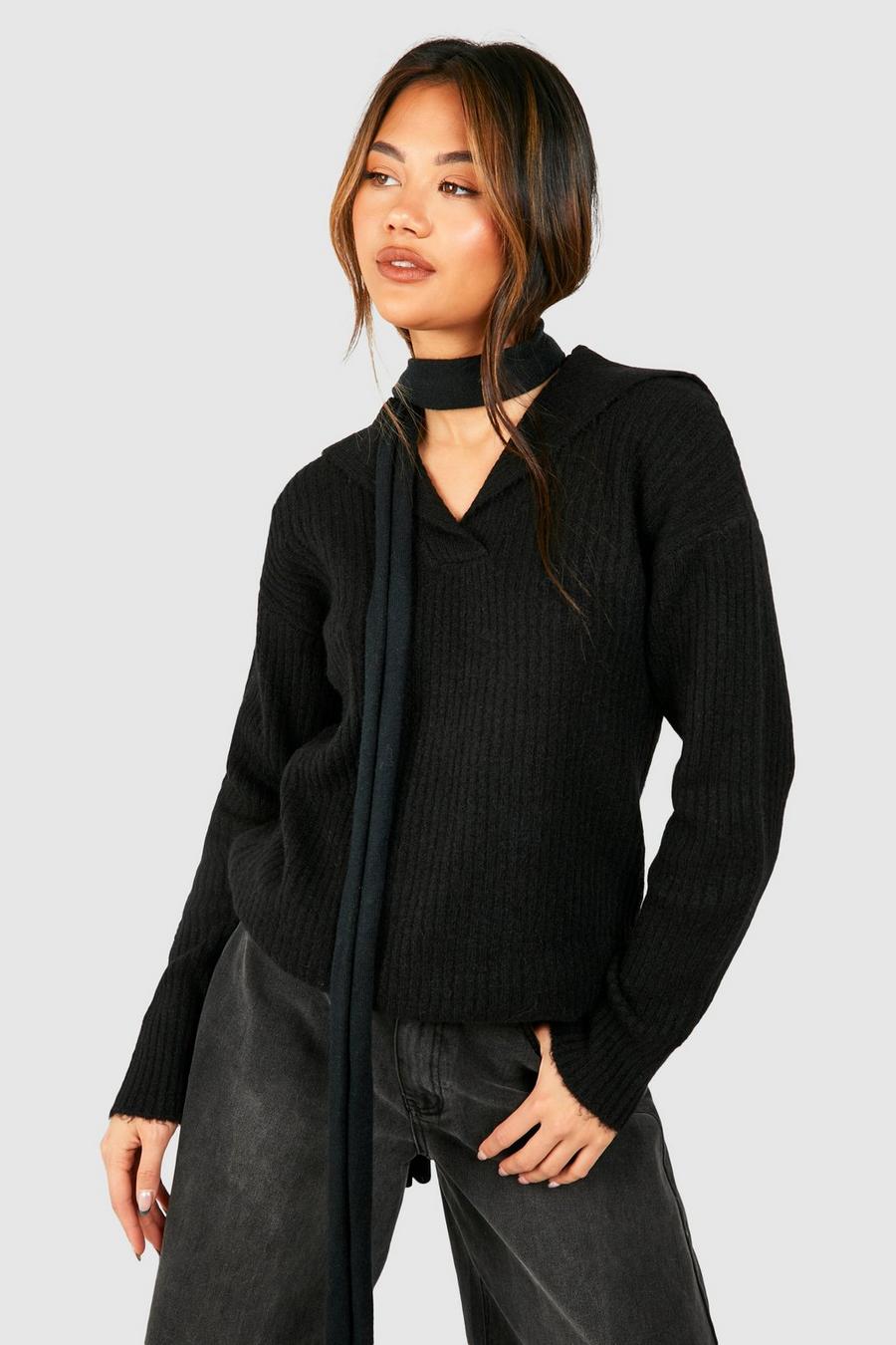 Maglione in maglia a coste morbide con colletto stile polo, Black