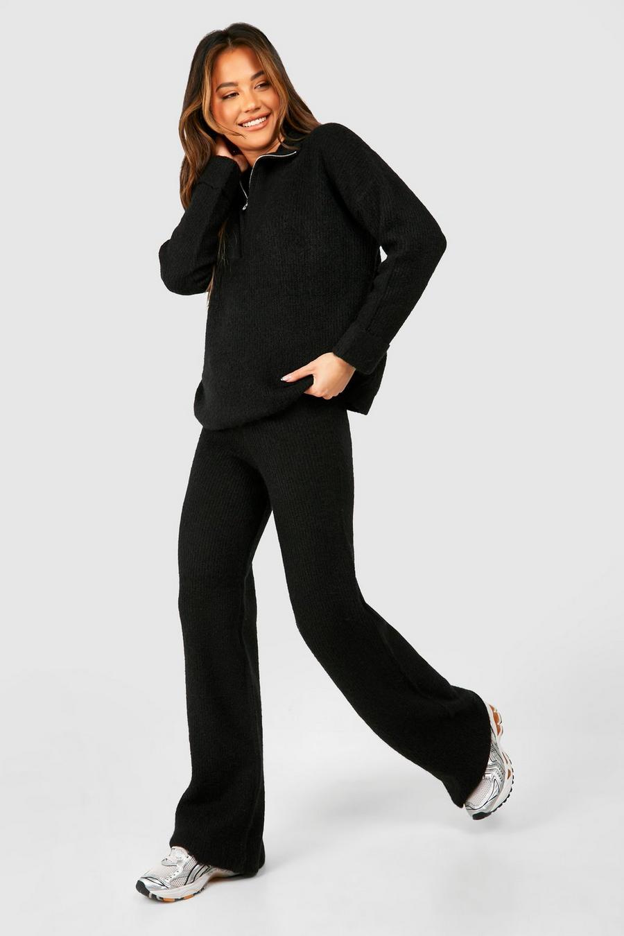 Black Half Zip Funnel Neck And Wide Leg Trouser Knitted Set