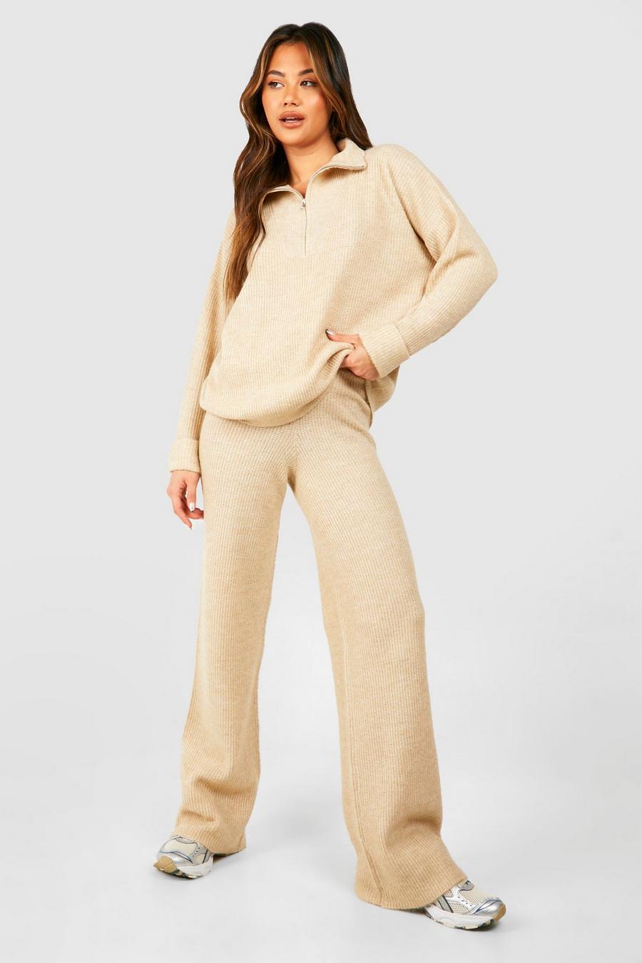 Stone Half Zip Funnel Neck And Wide Leg Pants Knitted Set