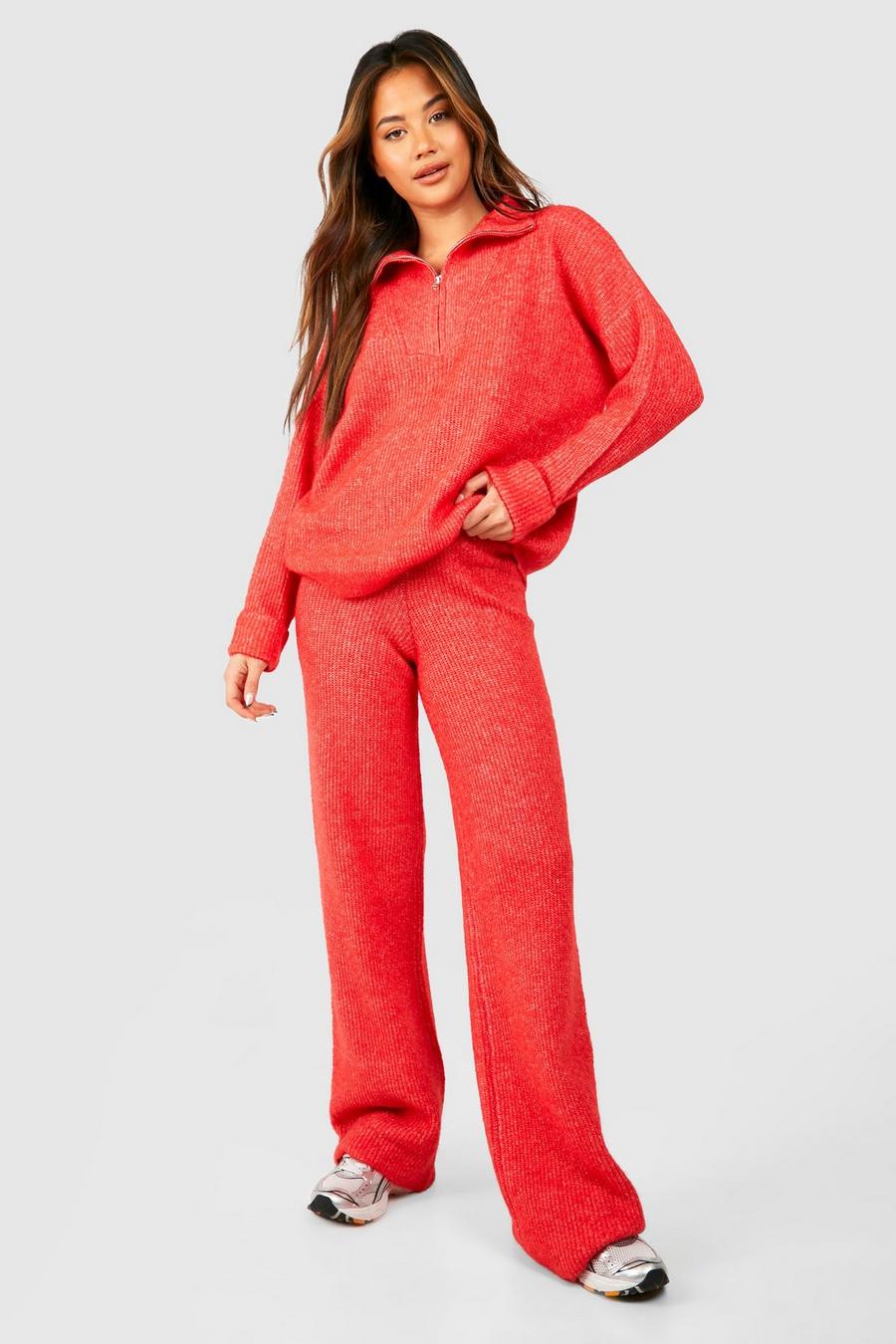 Tomato Half Zip Funnel Neck And Wide Leg Pants Knitted Set