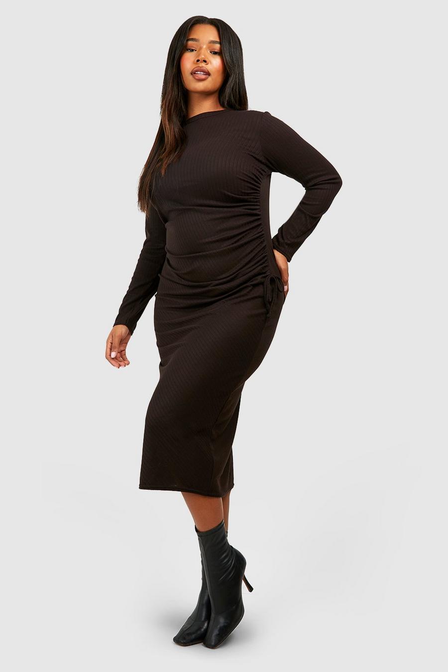 Black Plus Wide Soft Rib Ruched Midi Dress