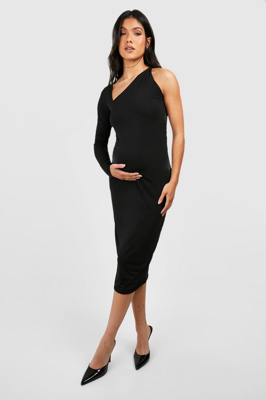 Black Maternity Twist Sleeve Slinky Midi Dress