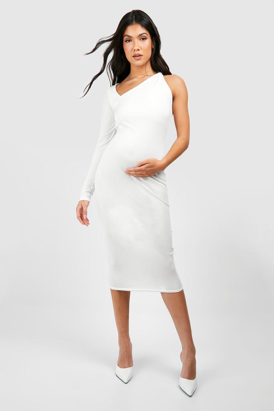White Maternity Twist Sleeve Slinky Midi Dress