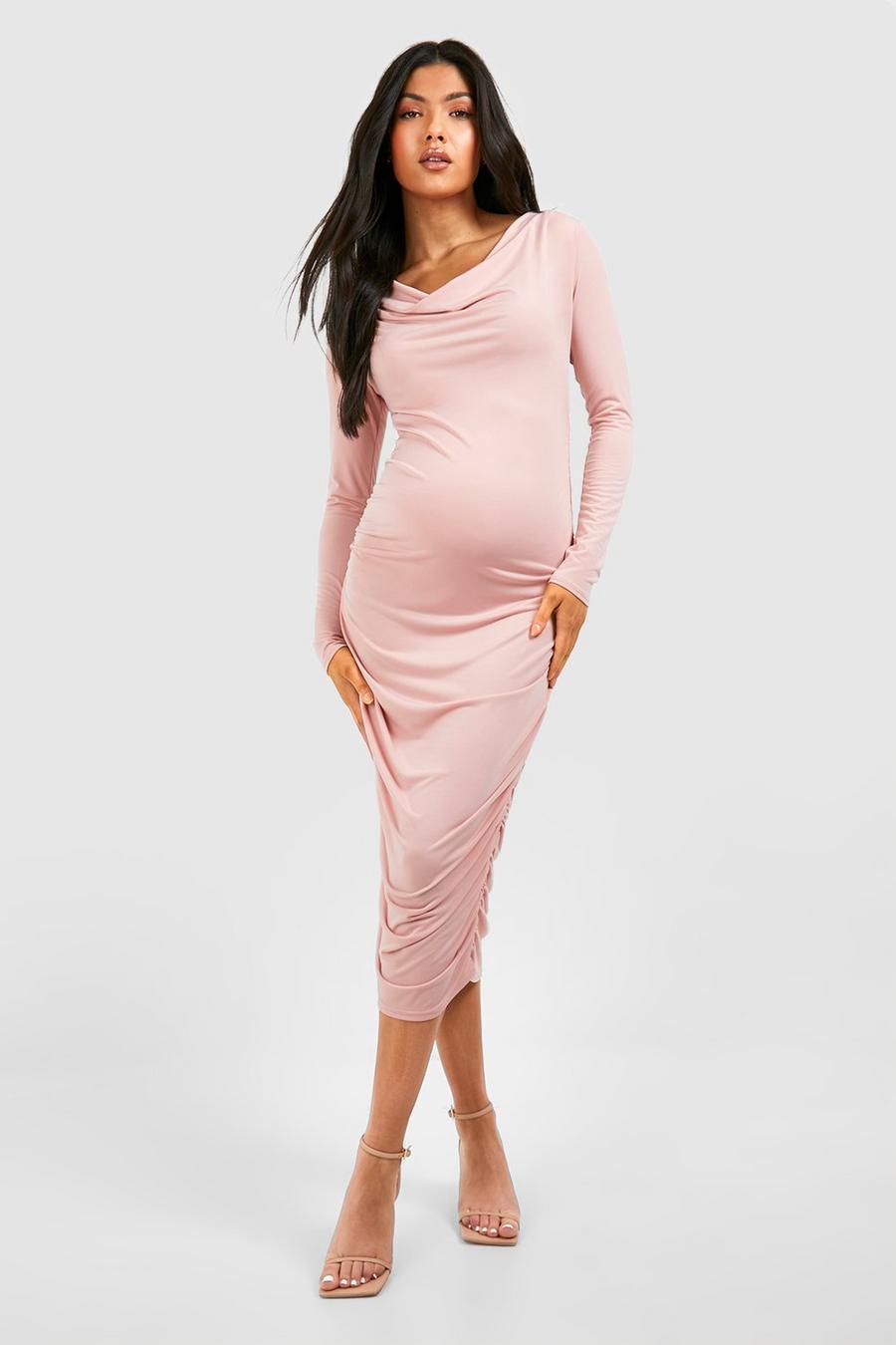 Maternité - Robe de grossesse mi-longue à col bénitier et manches longues, Blush image number 1