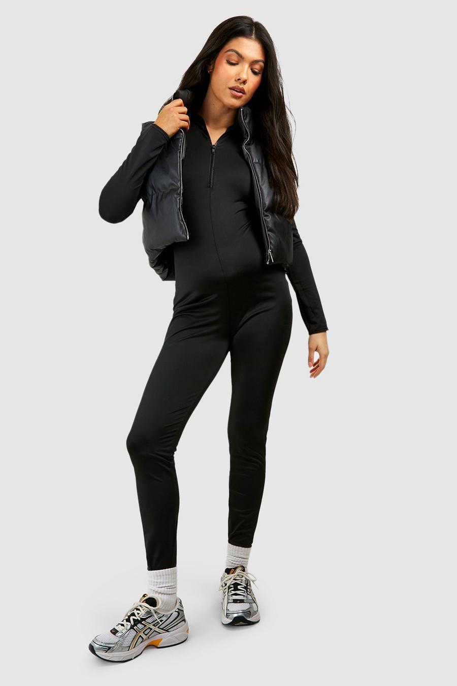 Black Maternity Matte Slinky Half Zip Unitard