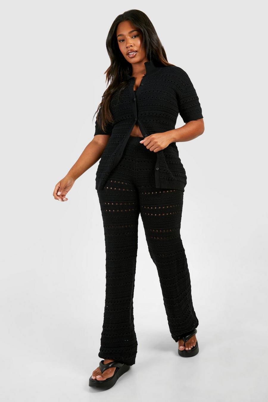 Grande taille - Ensemble oversize avec chemise à manches courtes et pantalon large, Black