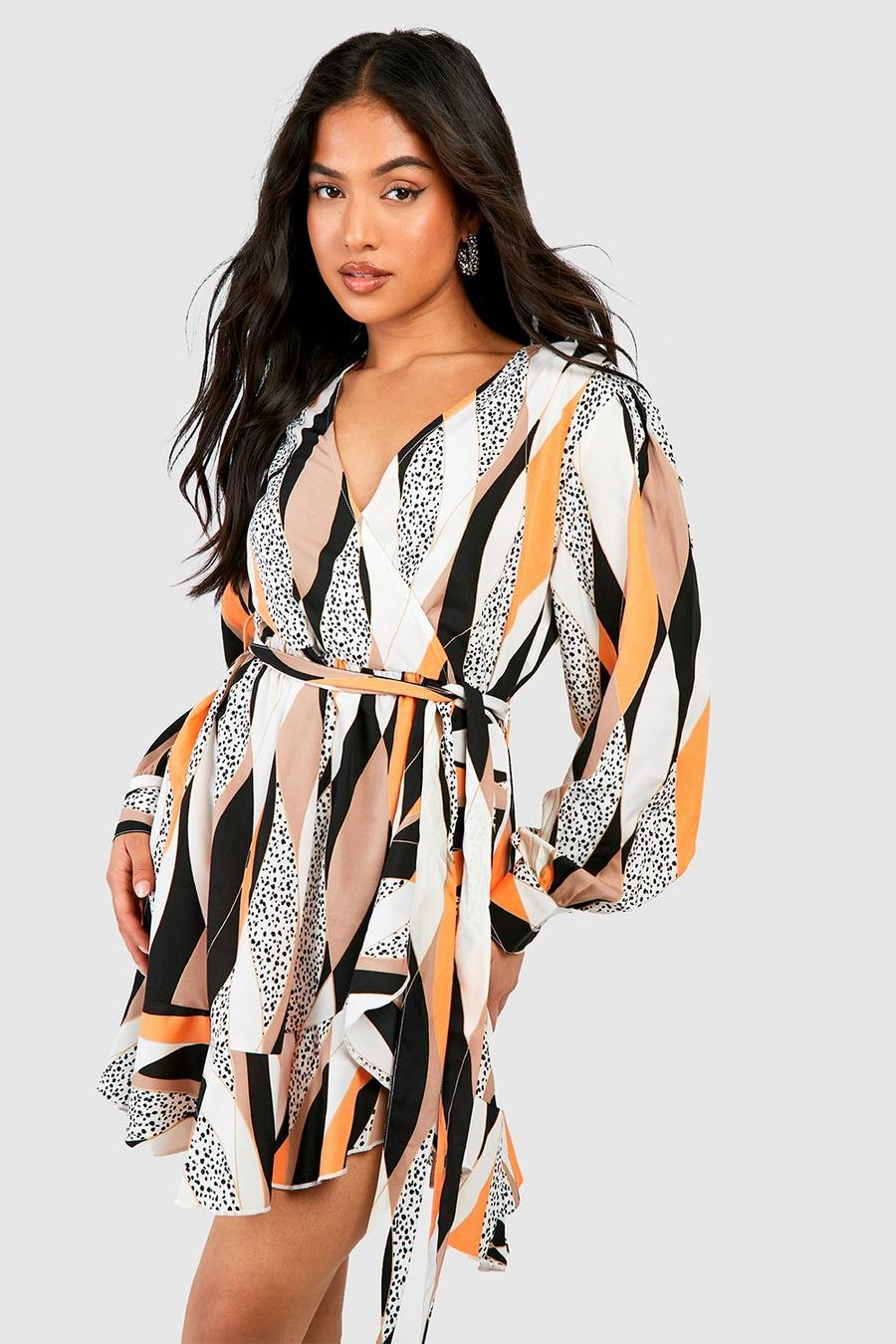 Orange Petite Abstract Print Ruffle Woven Wrap Dress 