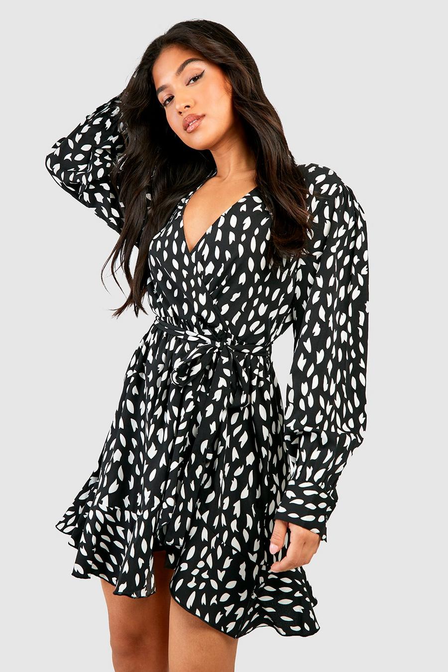 Black Petite Smudge Print Ruffle Woven Wrap Dress 