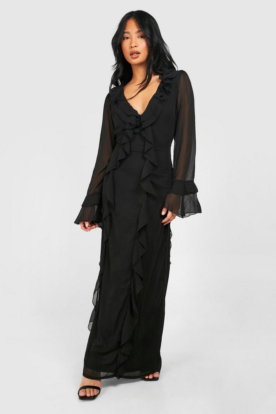 Black Petite Långklänning med låg urringning, volanger och utsvängd ärm image number 1