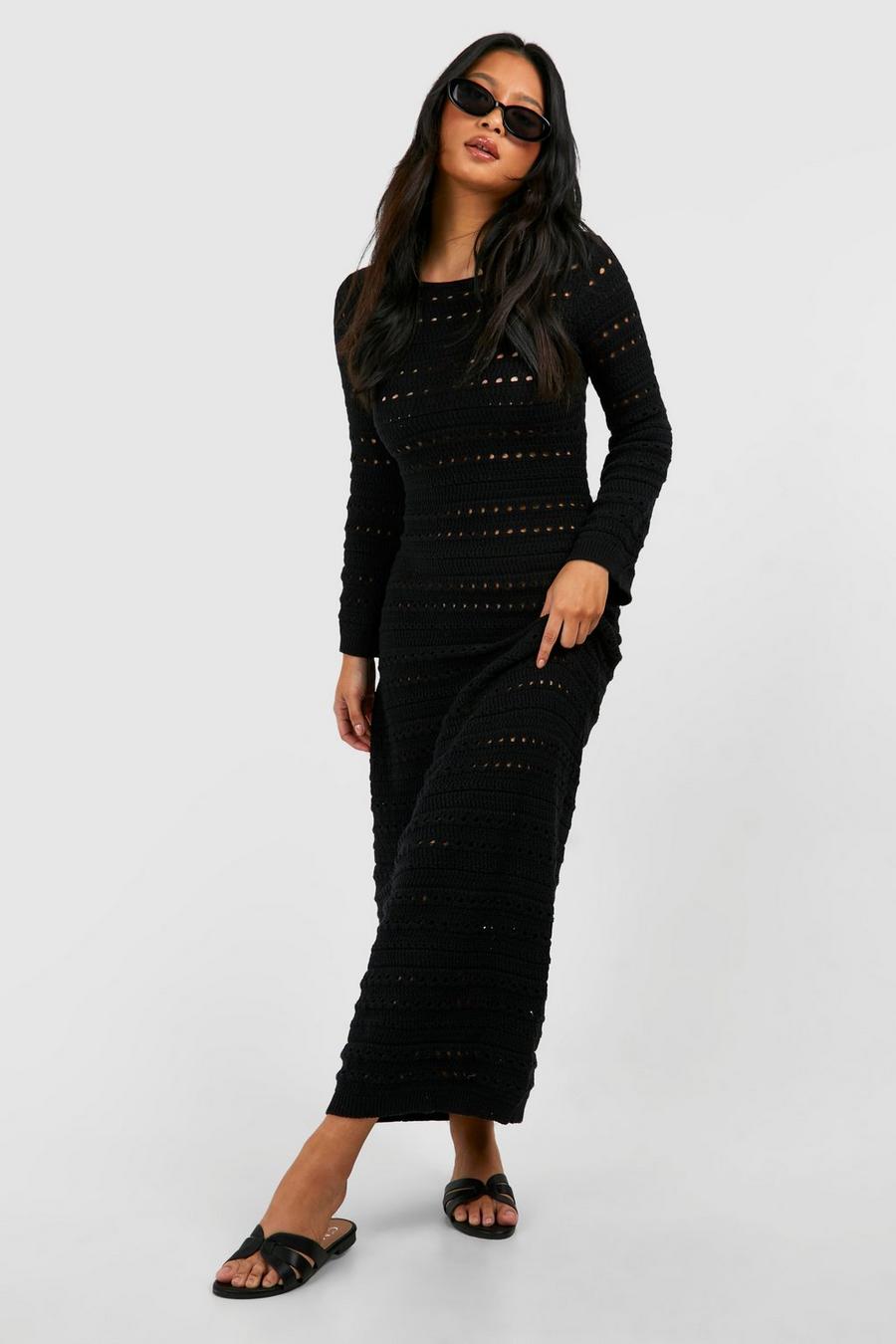 Black Petite Crochet Flare Sleeve Tie Back Knitted Maxi Dress
