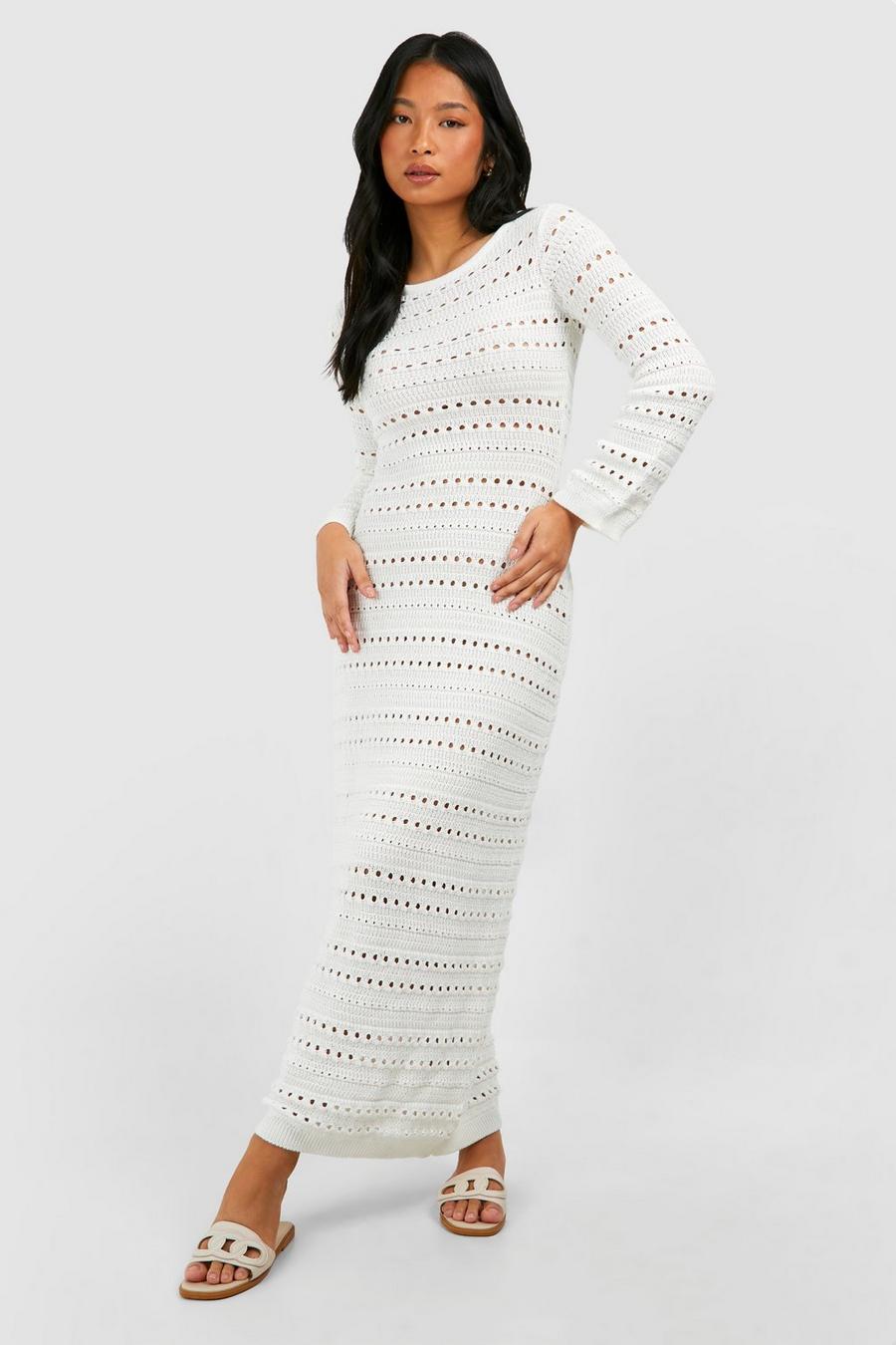 Ivory Petite Crochet Flare Sleeve Tie Back Knitted Maxi Dress