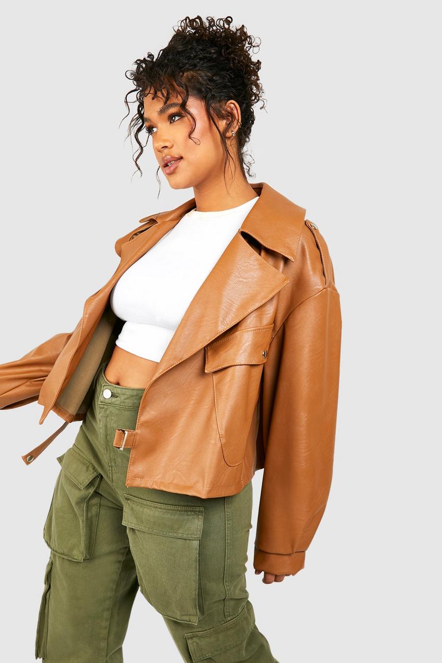 Camel Plus Pu Pocket Detail Biker Jacket