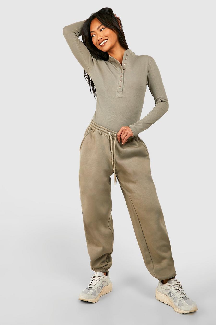 Washed khaki Button Detail Bodysuit And Cuffed Oversized Jogger Set 