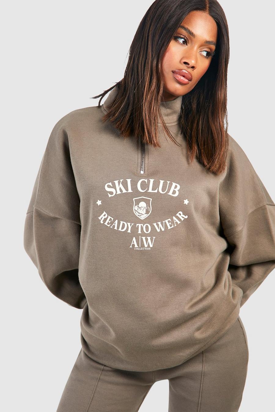 Taupe Ski Club Oversize sweatshirt med kort dragkedja och slogan image number 1
