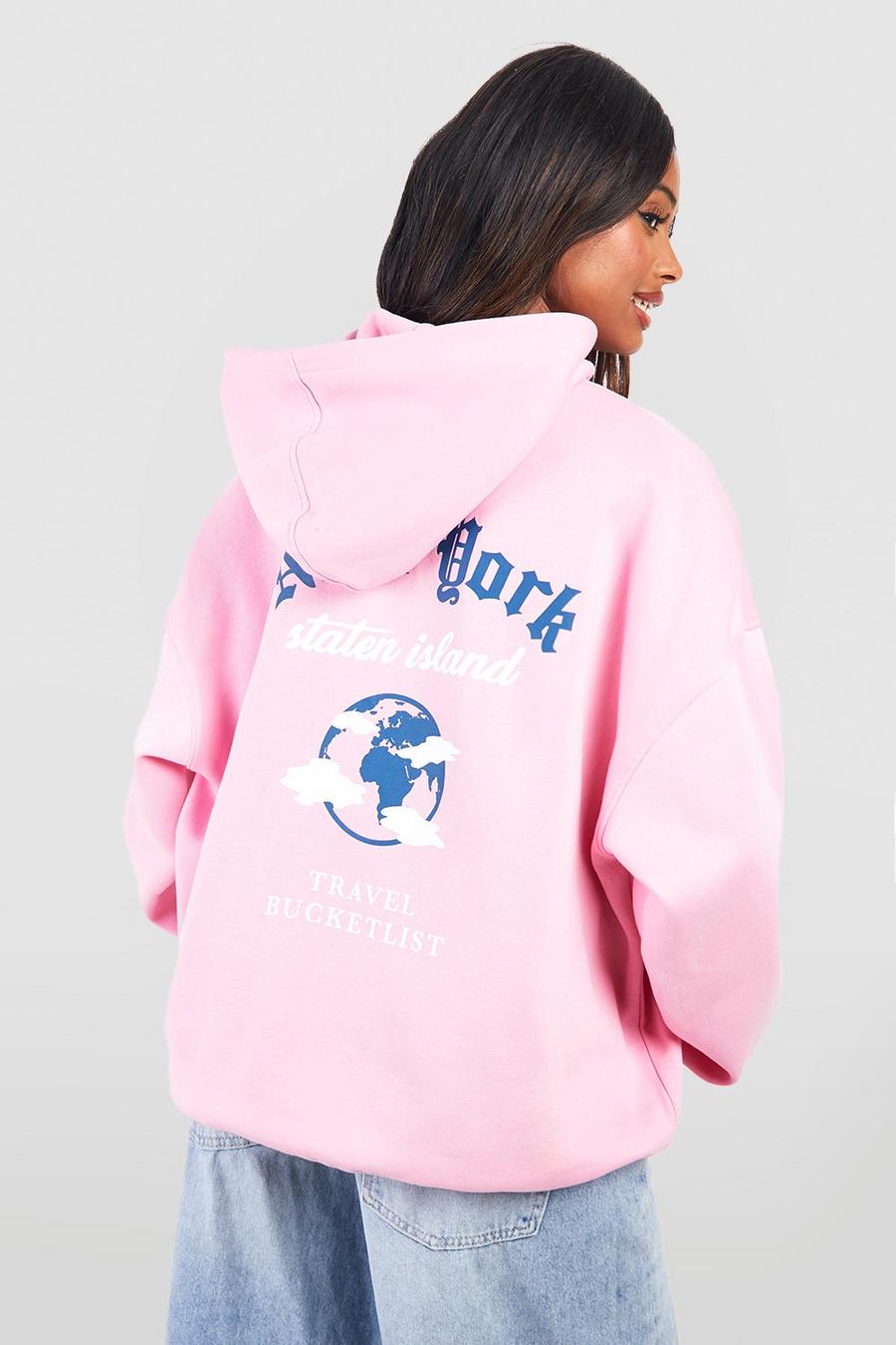 Sudadera oversize con capucha y eslogan New York Island, Pink