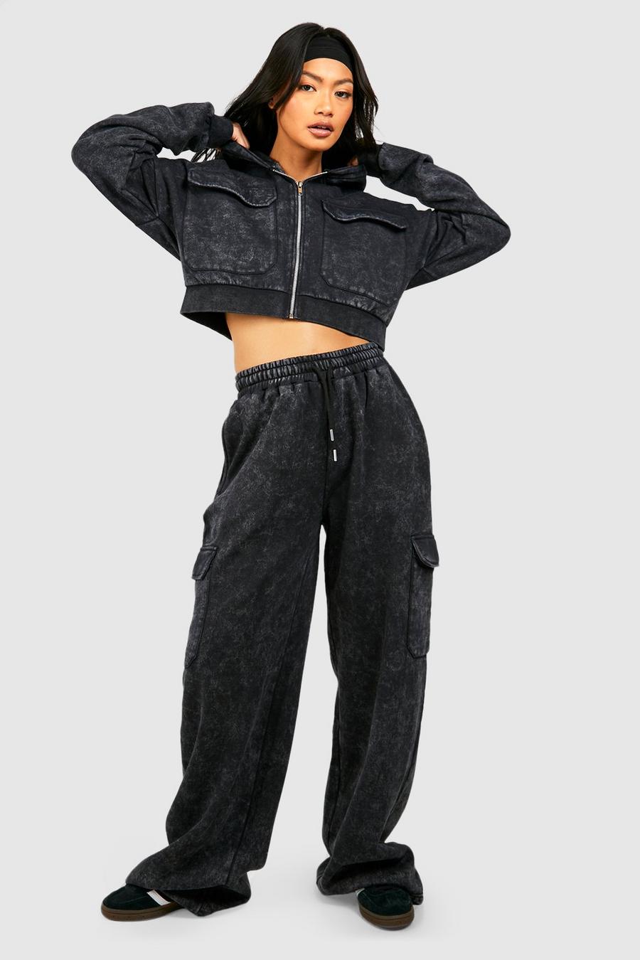 Charcoal Cargo Pocket Cropped Hoodie Straight Leg Tracksuit image number 1