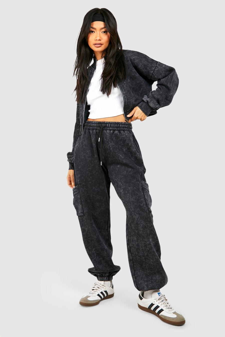 Charcoal Washed Cargo Track Pants Cropped Bomber Tracksuit image number 1