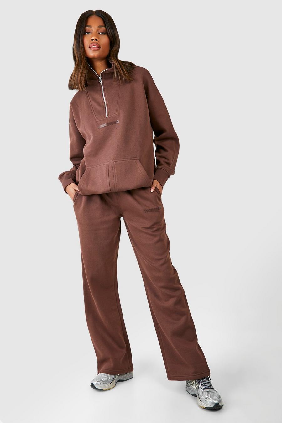 Chocolate Double Pocket Half Zip Seam Detail Tracksuit image number 1