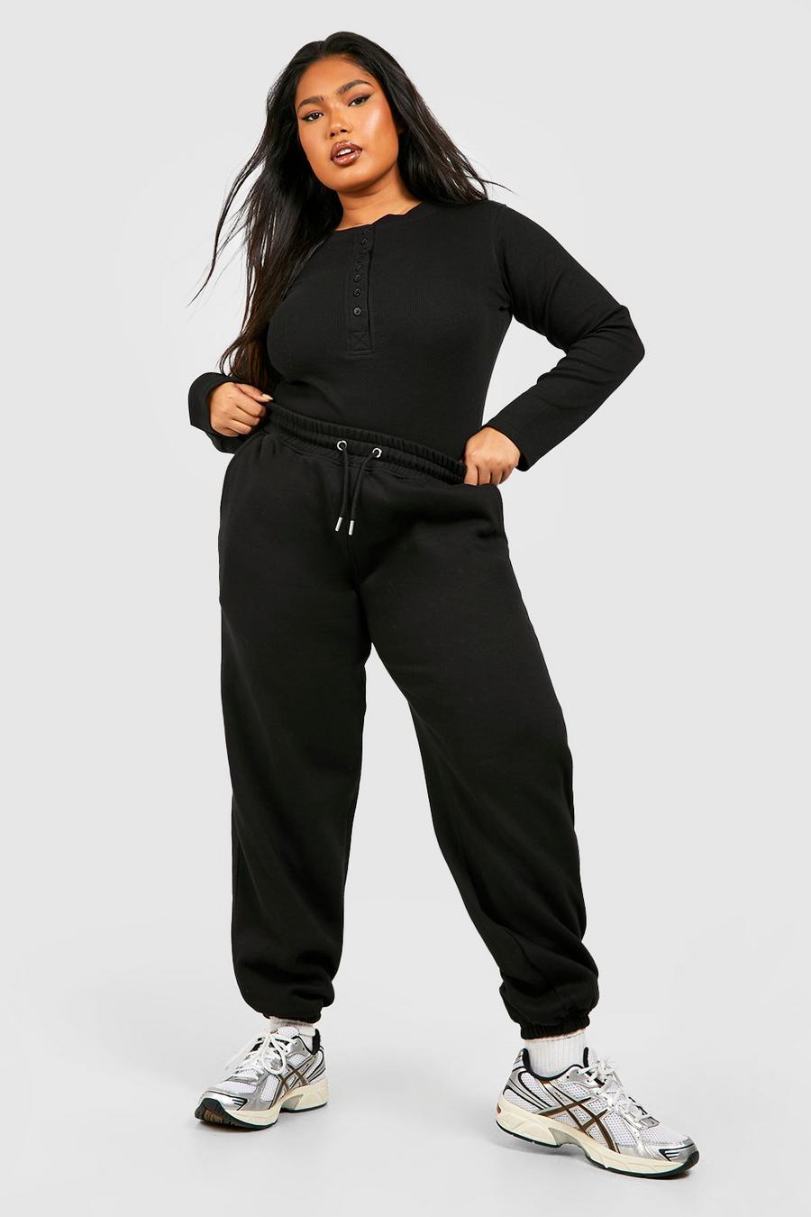 Black Plus Button Detail Bodysuit And Cuffed Oversized Jogger Set