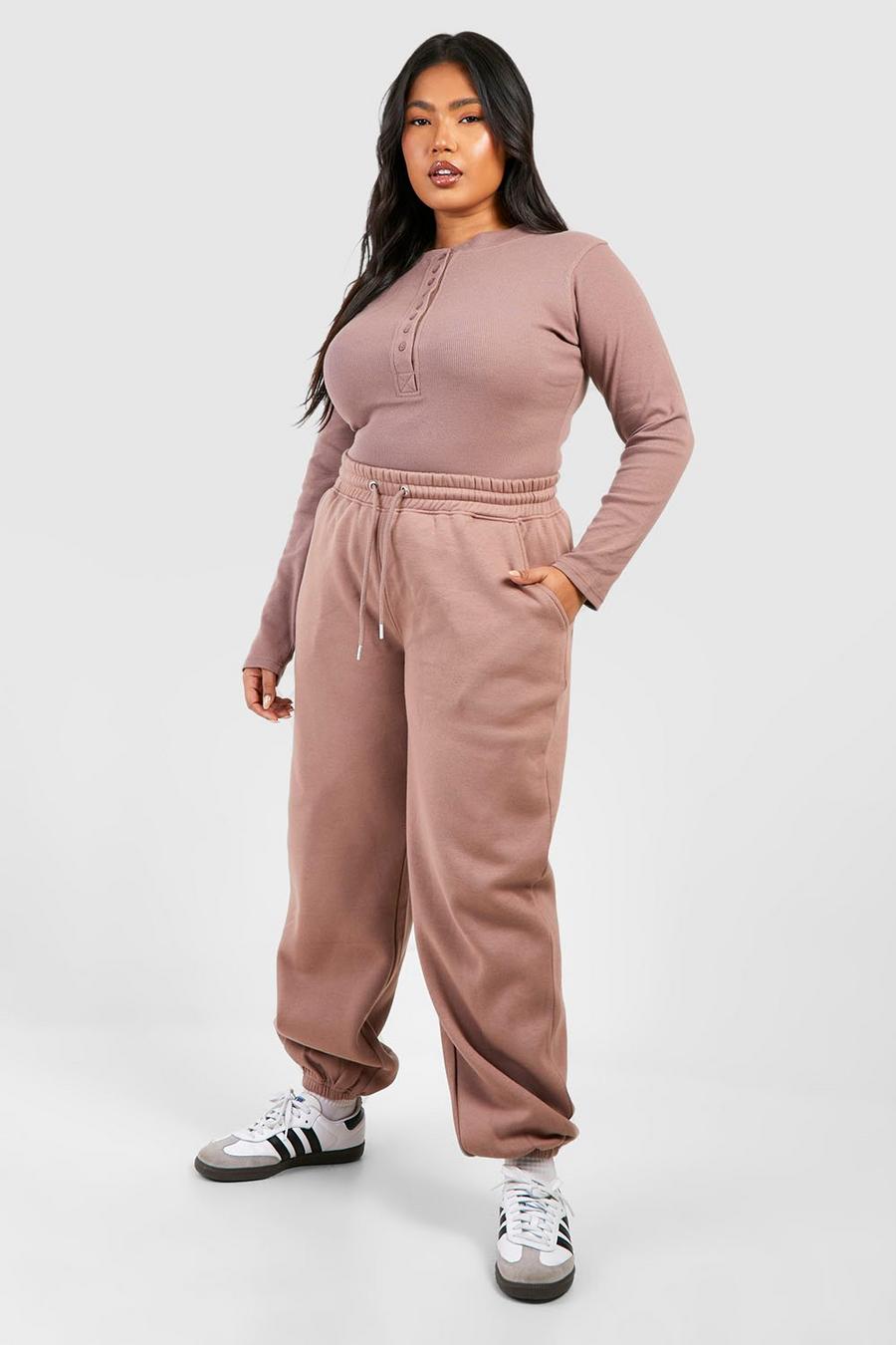 Taupe Plus Button Detail Bodysuit And Cuffed Oversized Track Pants Set image number 1