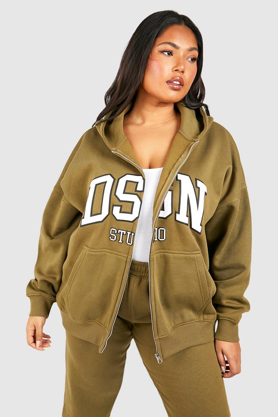 Khaki Plus Dsgn Studio Puff Print Zip Through Oversized Hoodie