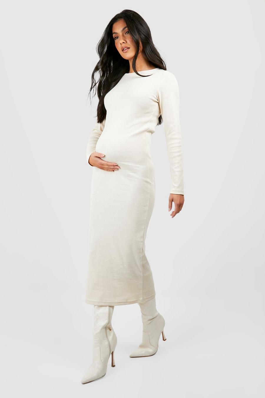 Maternité - Robe de grossesse mi-longue à col ras du cou, Ecru