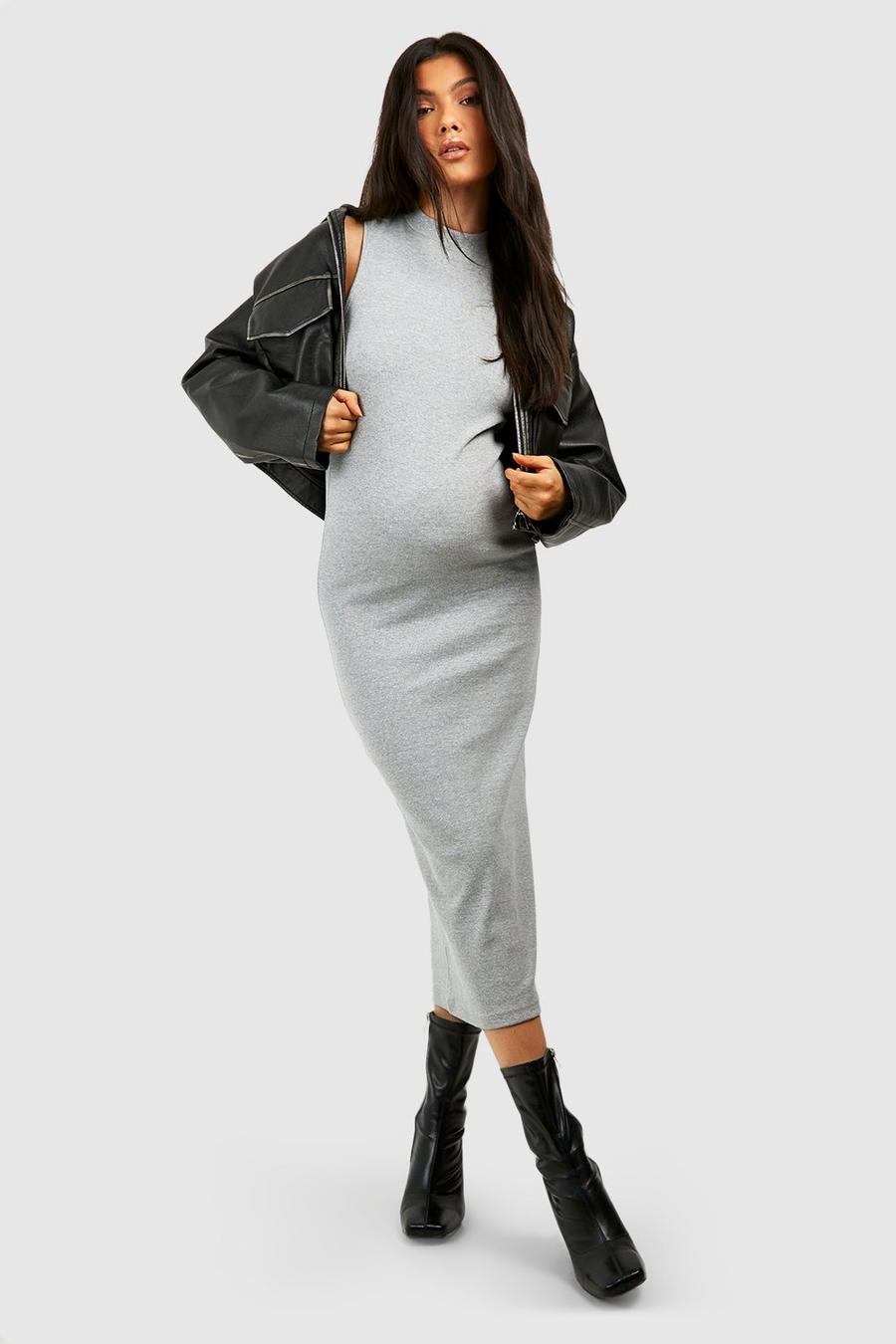 Grey marl Maternity Basic High Neck Racer Back Midaxi Dress image number 1