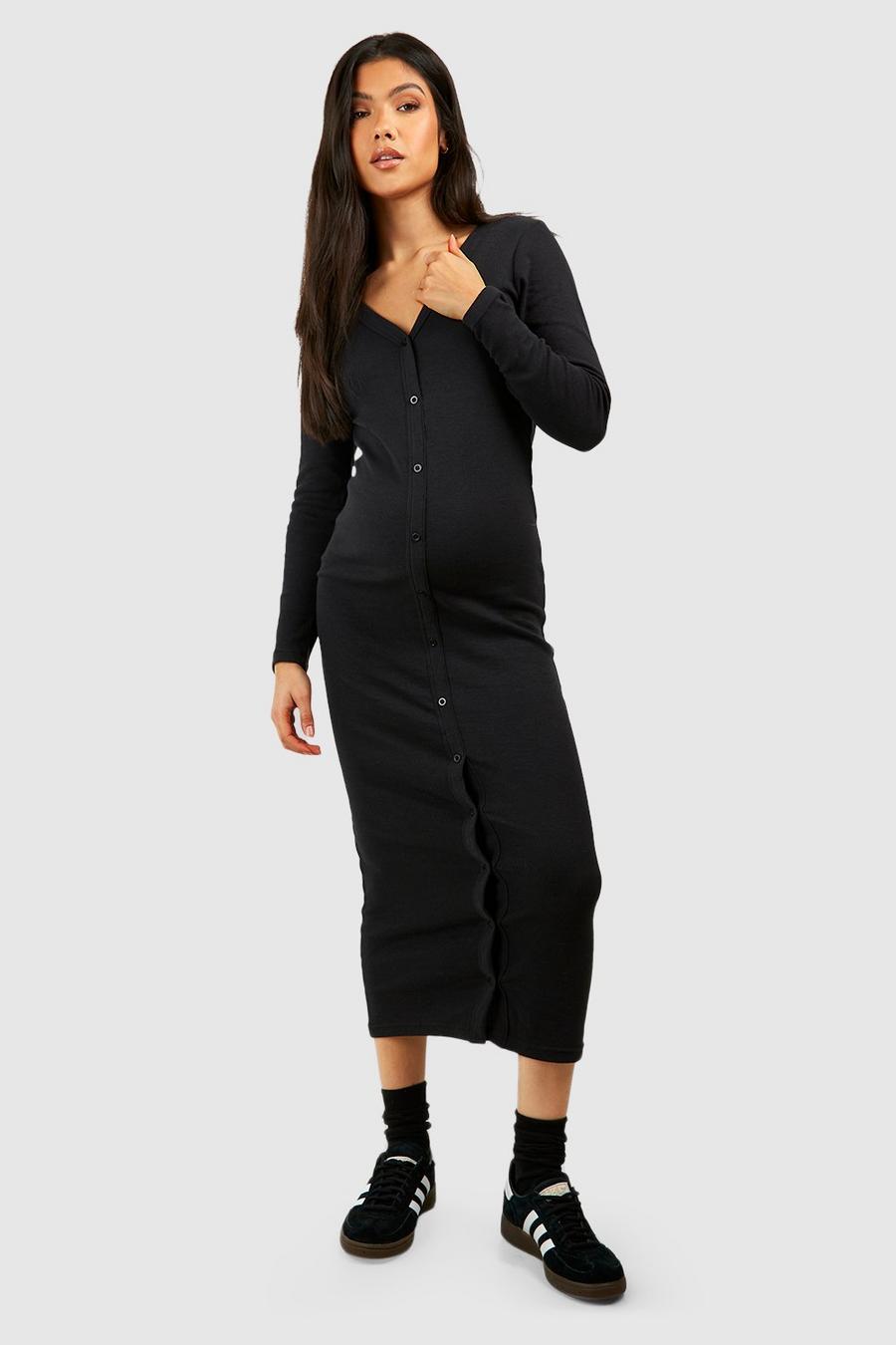 Black Maternity Rib Button Through Midaxi Dress