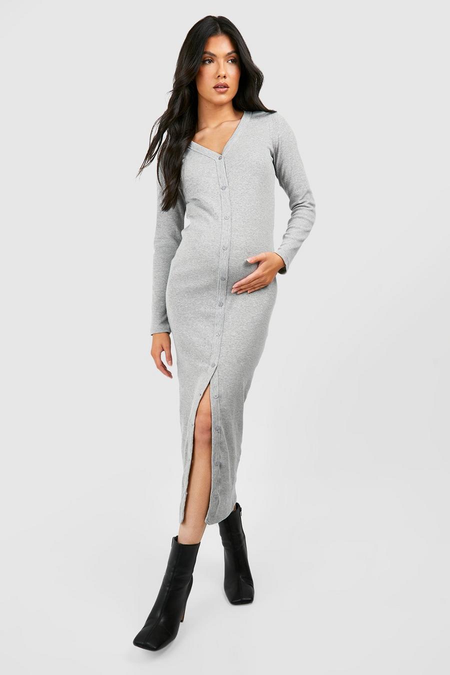 Grey marl Maternity Rib Button Through Midaxi Dress image number 1