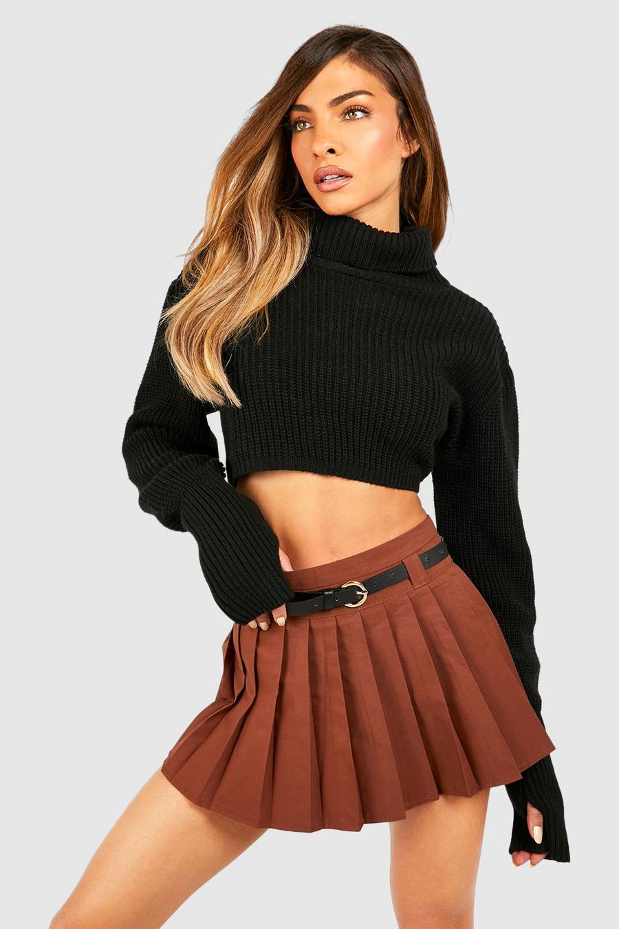 Chocolate Belted Pleated Mini Skirt 