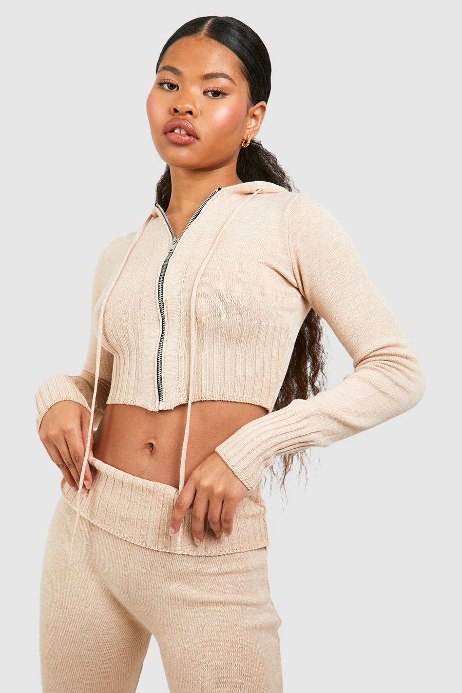 Felpa Petite corta in maglia con zip e cappuccio, Stone