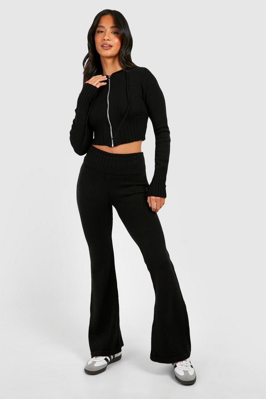 Black Petite Knitted Fold Over Waist Flares