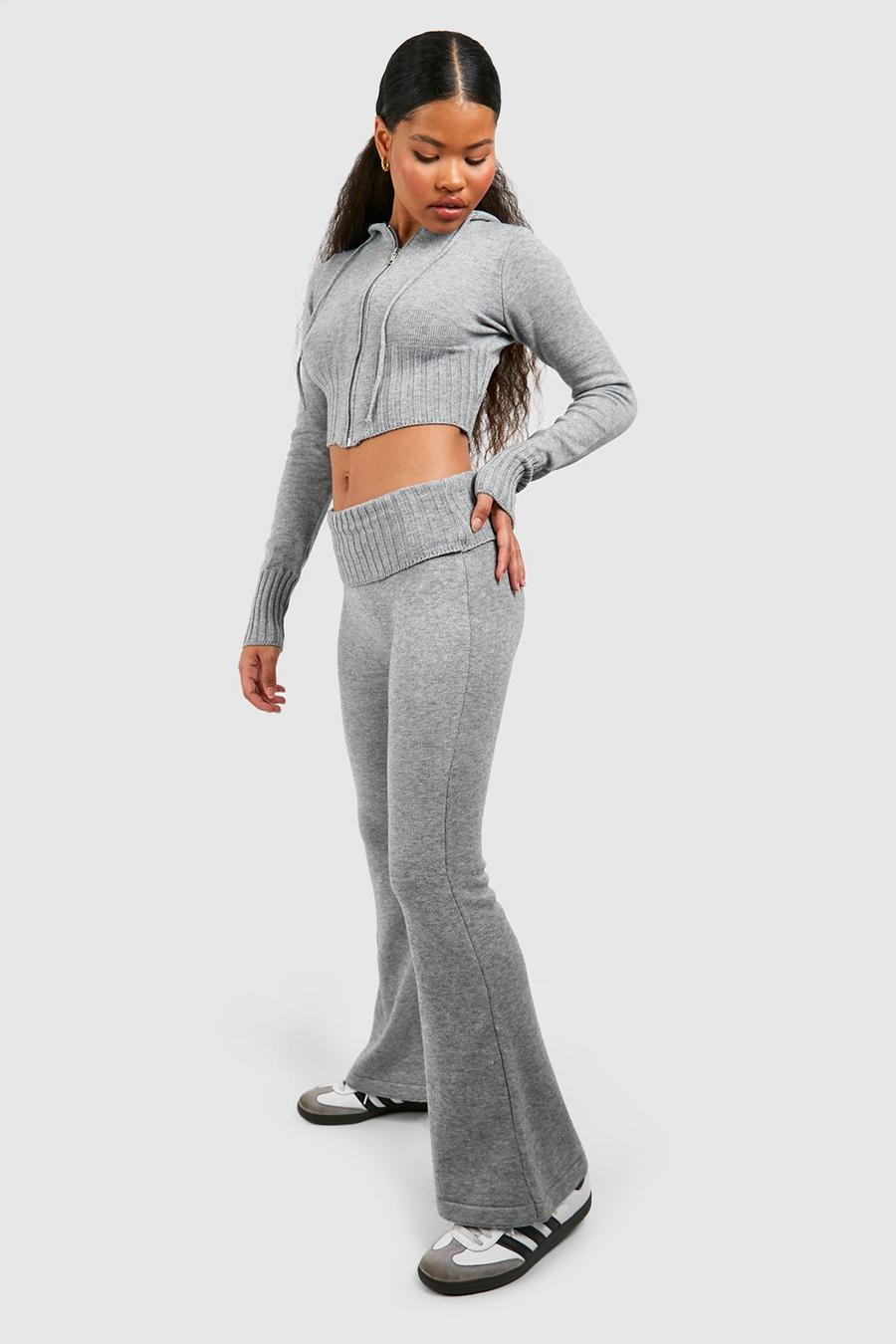 Pantaloni a zampa Petite in maglia con risvolto in vita, Grey image number 1