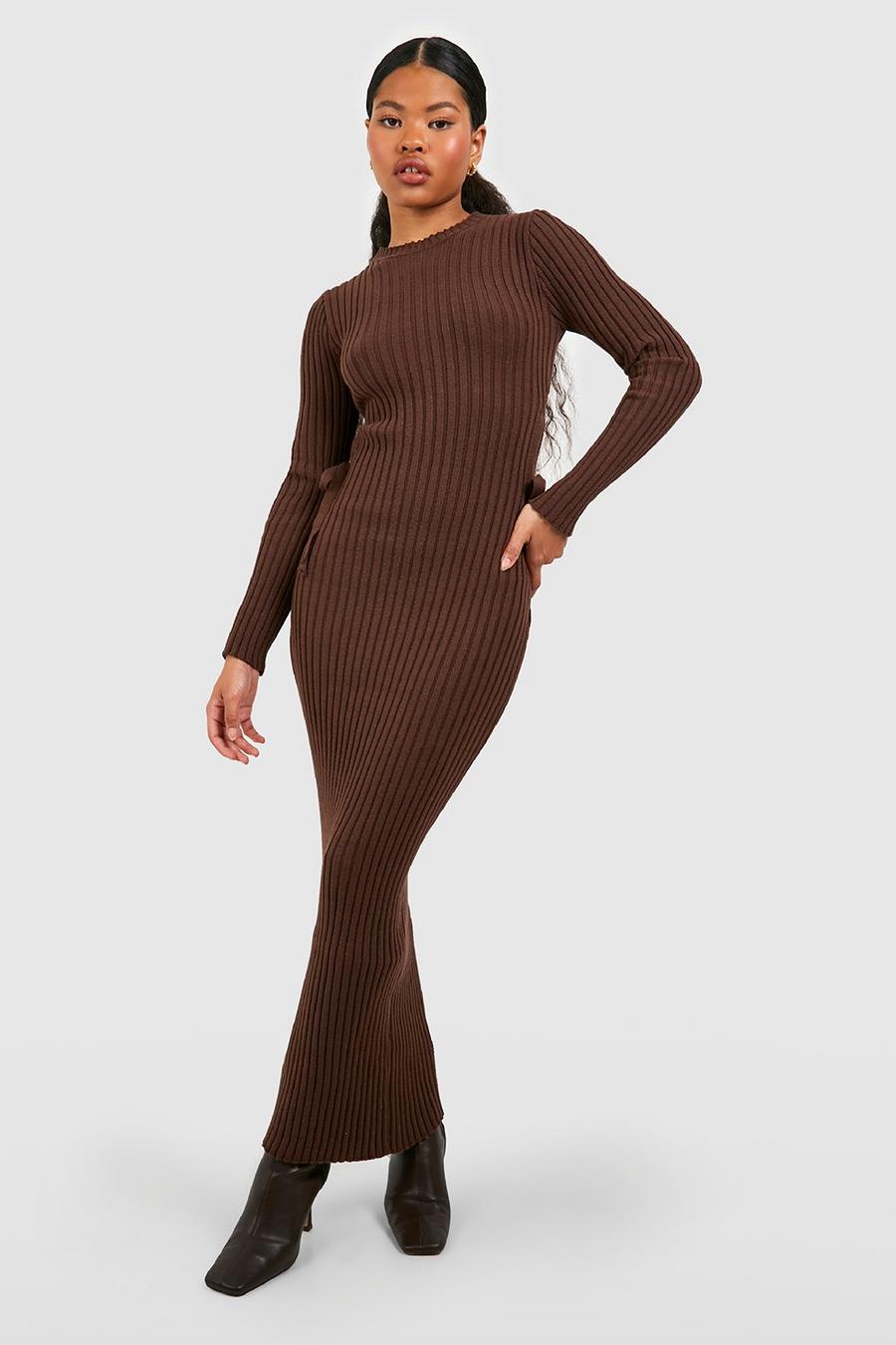 Petite geripptes Cut-Out Strick-Maxikleid, Chocolate image number 1