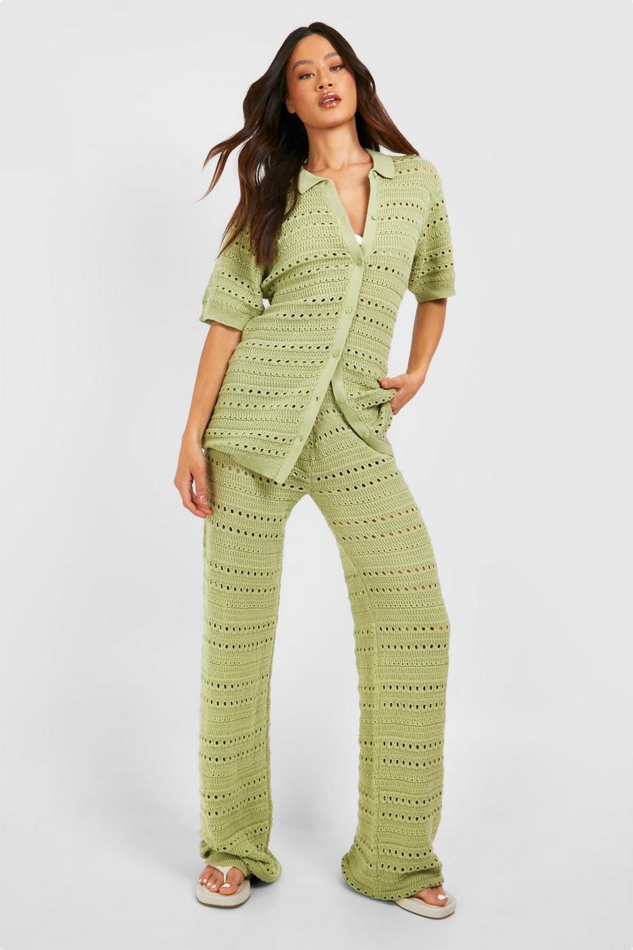 Khaki Tall Knitted Shirt And Wide Leg Trouser Co-ord