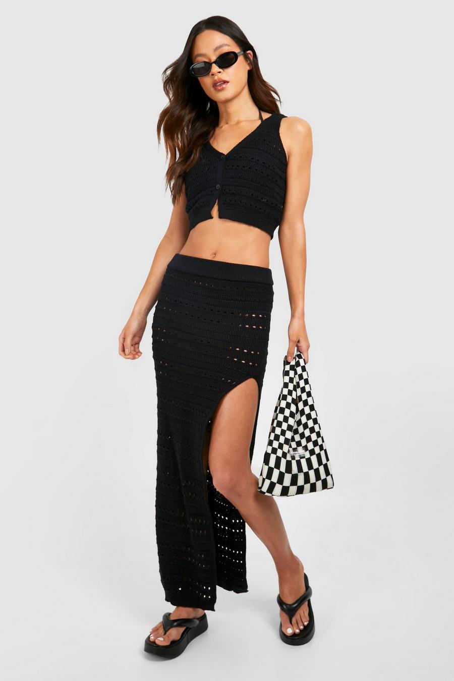 Black Tall Crochet Vest And Split Maxi Skirt Set