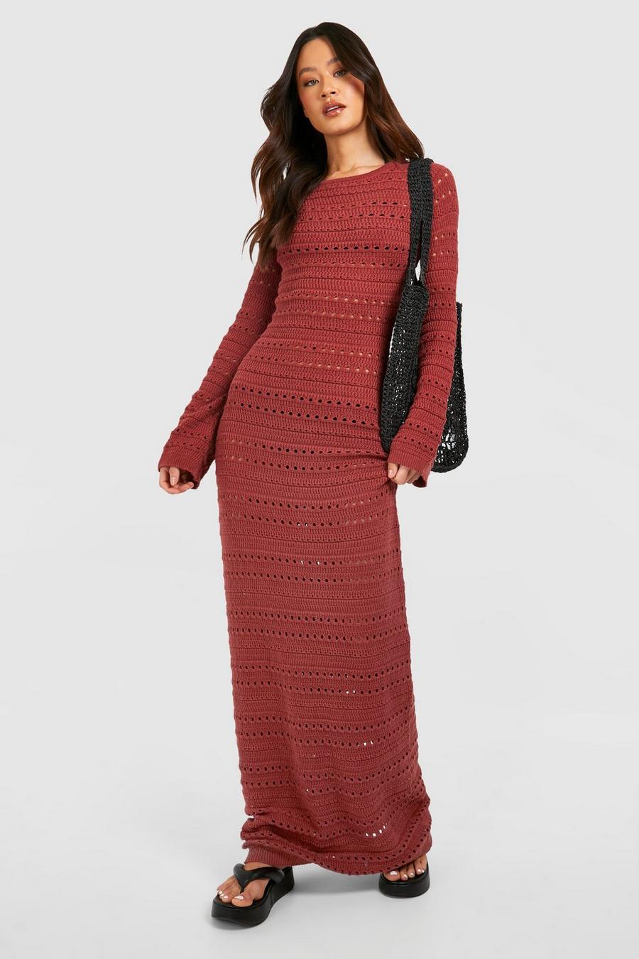 Red Tall Crochet Tie Back Knitted Maxi Dress image number 1