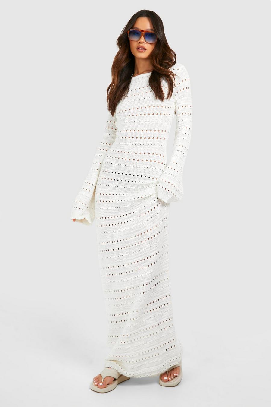 White Tall Crochet Tie Back Knitted Maxi Dress
