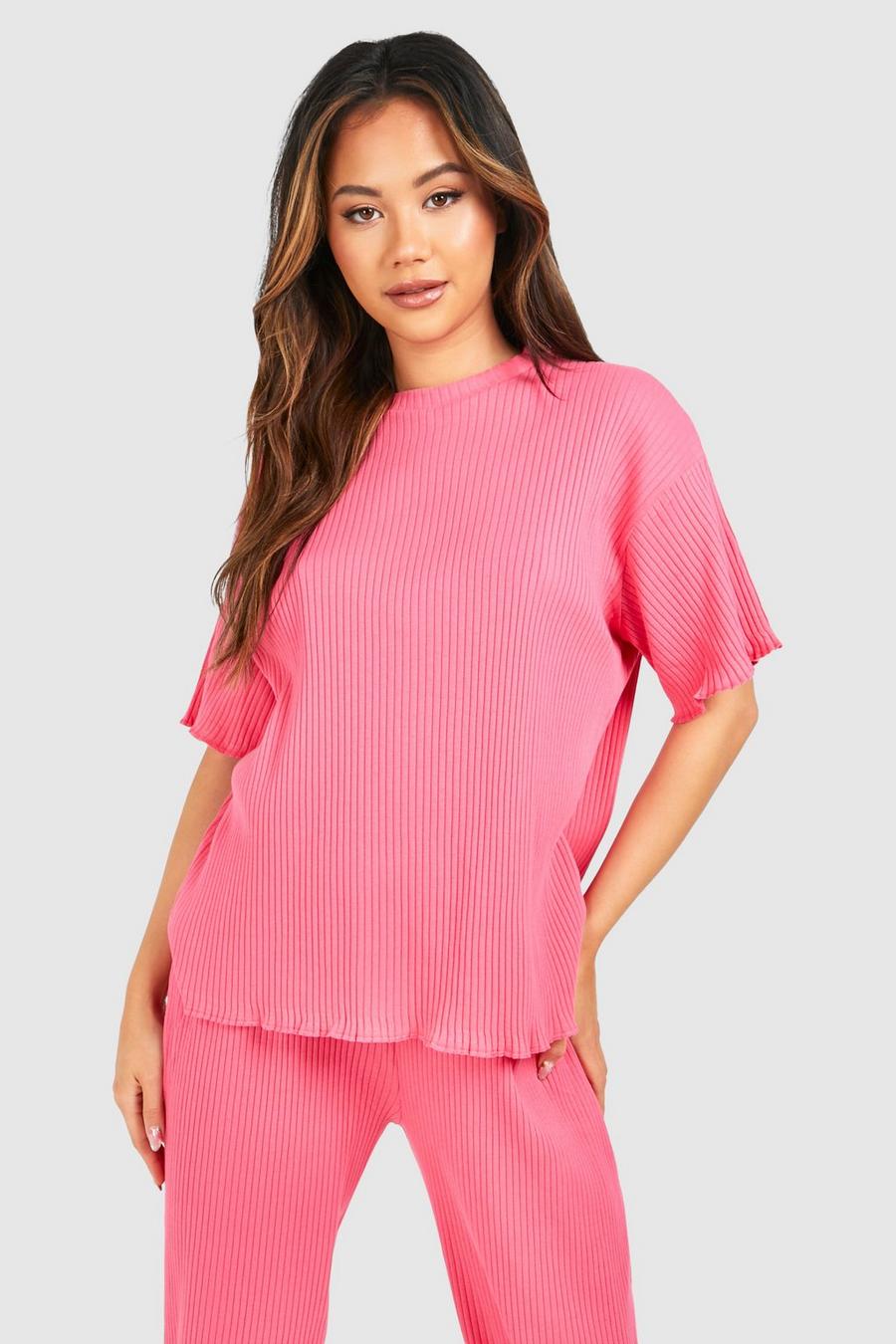 Geripptes Oversize T-Shirt mit gekräuseltem Saum, Pink