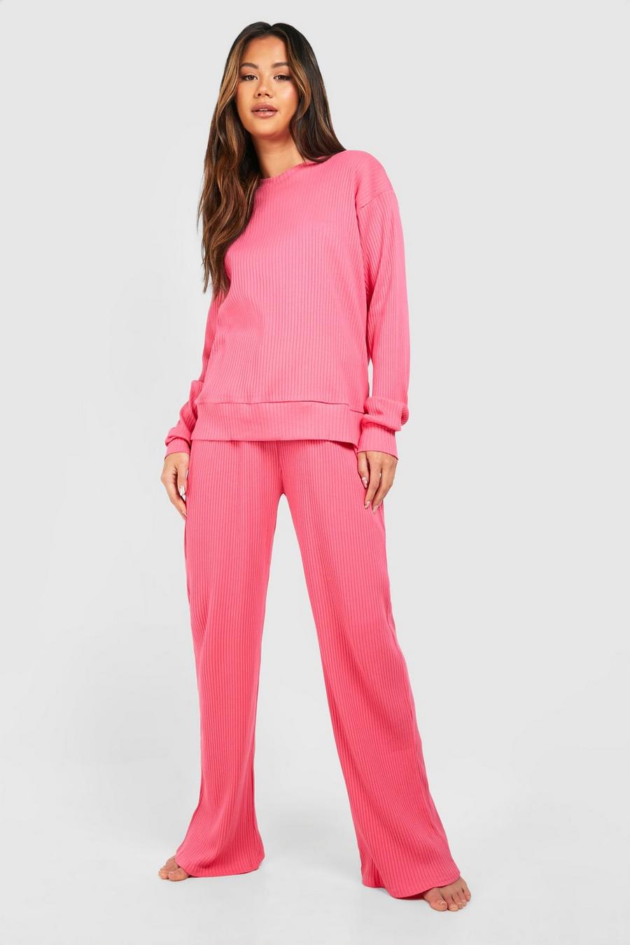 Gerippte Loungewear-Hose mit Bindegürtel, Pink