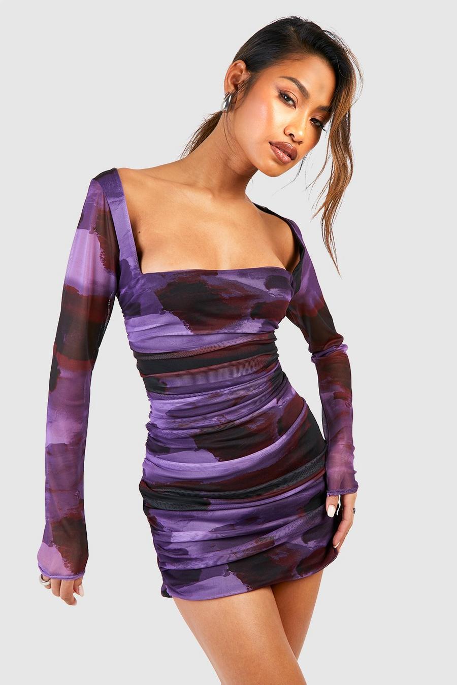 Purple Square Neck Ruched Printed Mesh Bodycon Dress